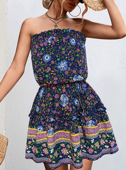 Bohemian Floral Print Bandeau Mini Dress