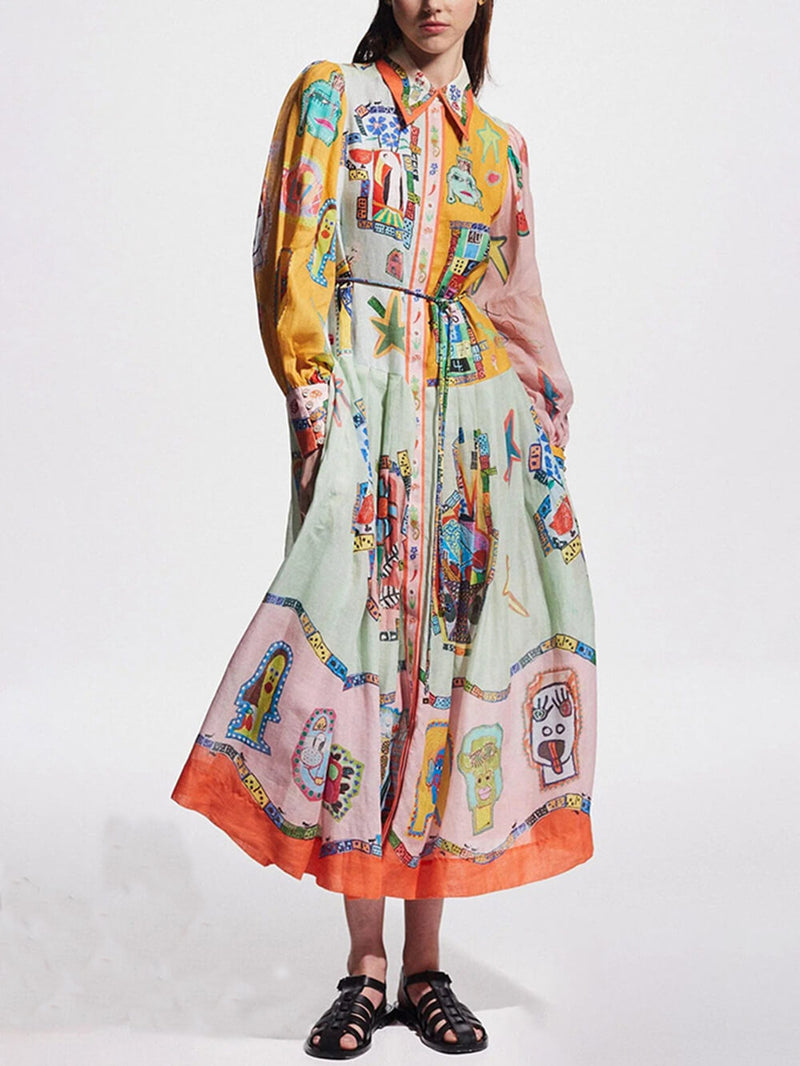 Unique Print Colorblock Balloon Sleeve Belt Shirt Midi Dress