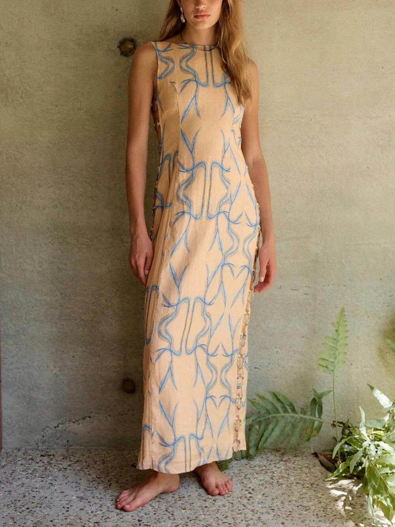 Signature Printed Hoop-Embellished Sleeveless Midi Dress