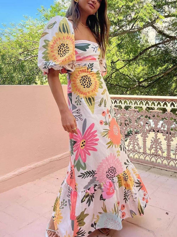 Floral Print Square Neck Bubble Sleeve Maxi Dress