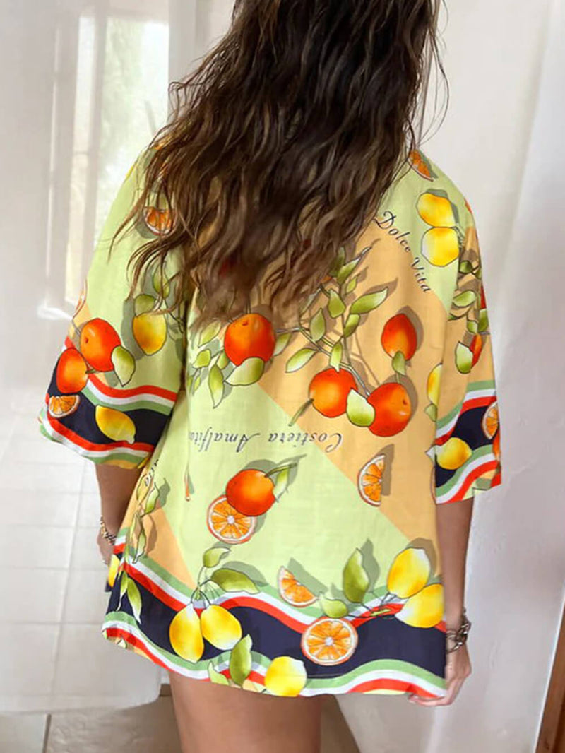 Modern Lemon Print Cardigan Single Breasted Lapel Pants Set