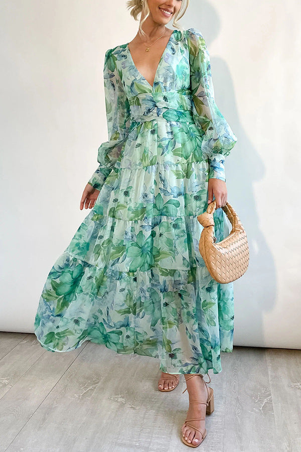 Painted Inspiration Floral Balloon Sleeves Maxi Dress