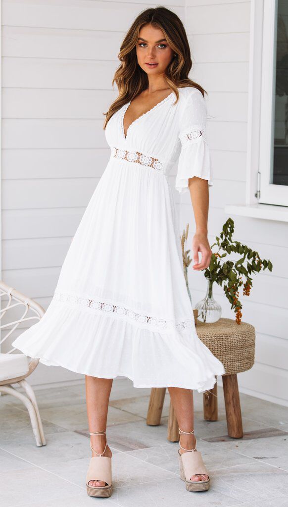 White V Neck Ruffle Hem Lace Dress