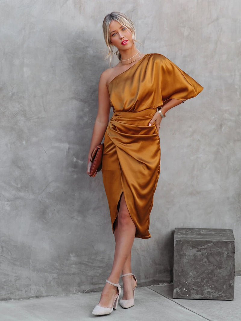 One Shoulder Midi Dress: Drape Asymmetric