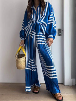 Geometric Striped Print Long Sleeve Shirt & Wide Leg Pants Sets