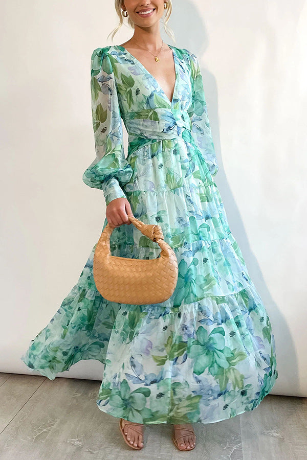 Painted Inspiration Floral Balloon Sleeves Maxi Dress