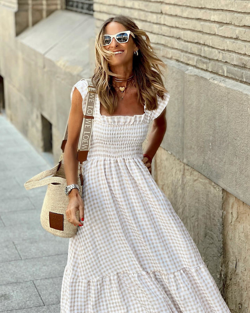 Plaid Ruffled-Sleeve Smocked Maxi Dress