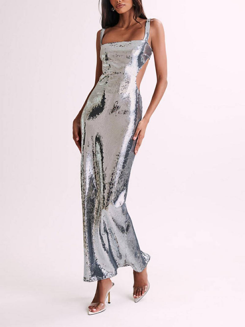 Sequin Cut Out Maxi Dress - Silver