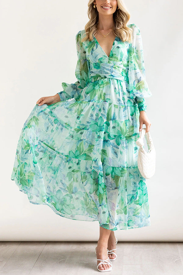 Painted Inspiration Floral Balloon Sleeves Maxi Dress