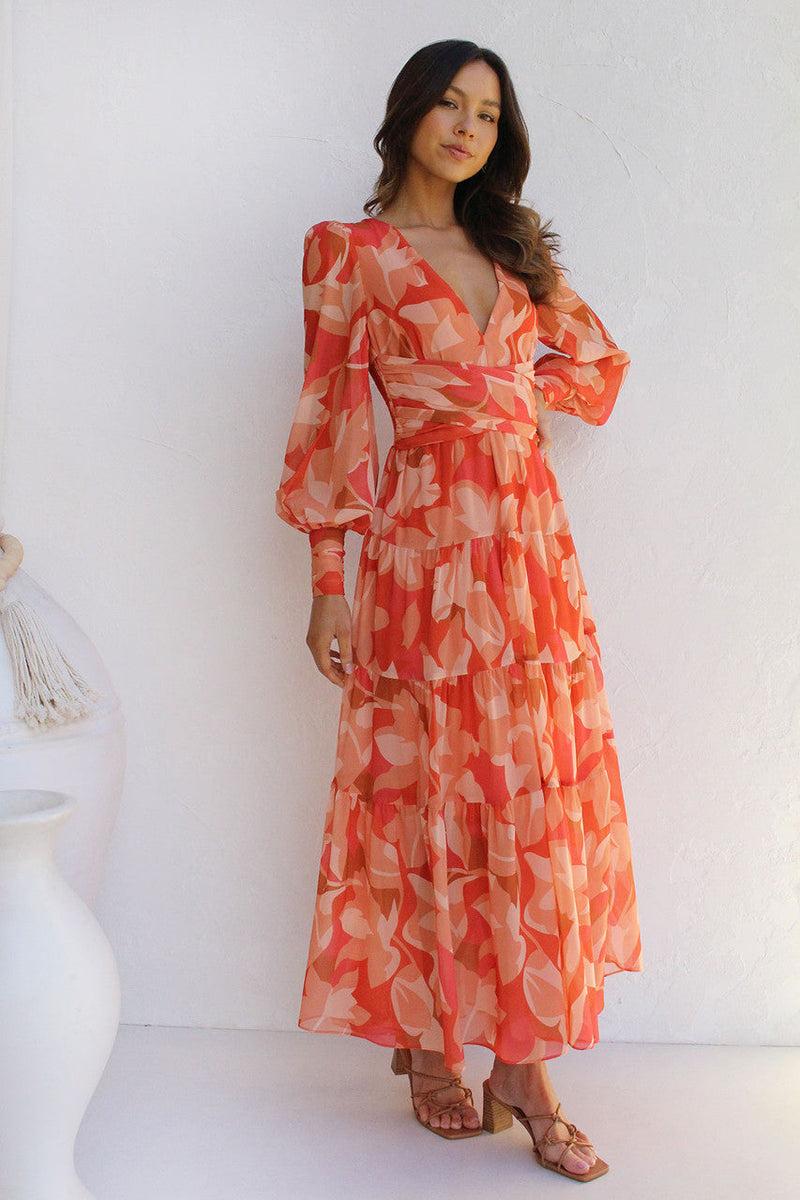 Painted Inspiration Floral Balloon Sleeves Maxi Dress