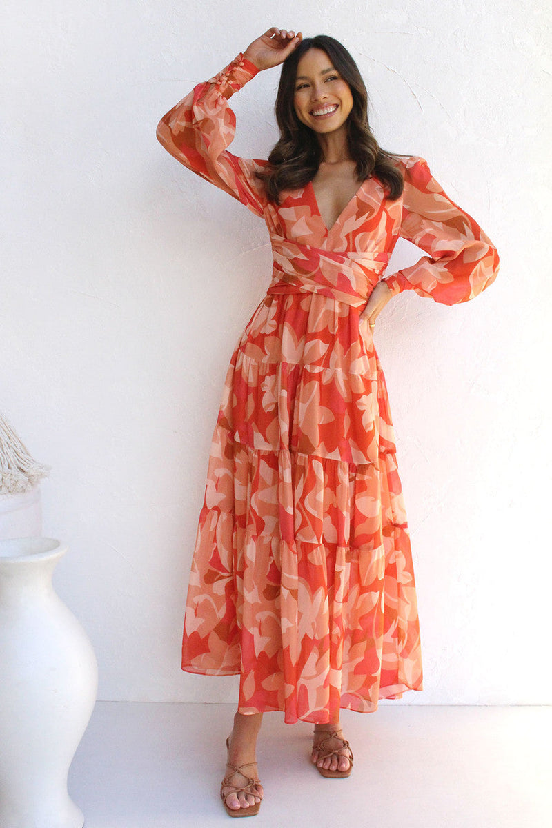 Painted Inspiration Floral Balloon Sleeves Maxi Dress