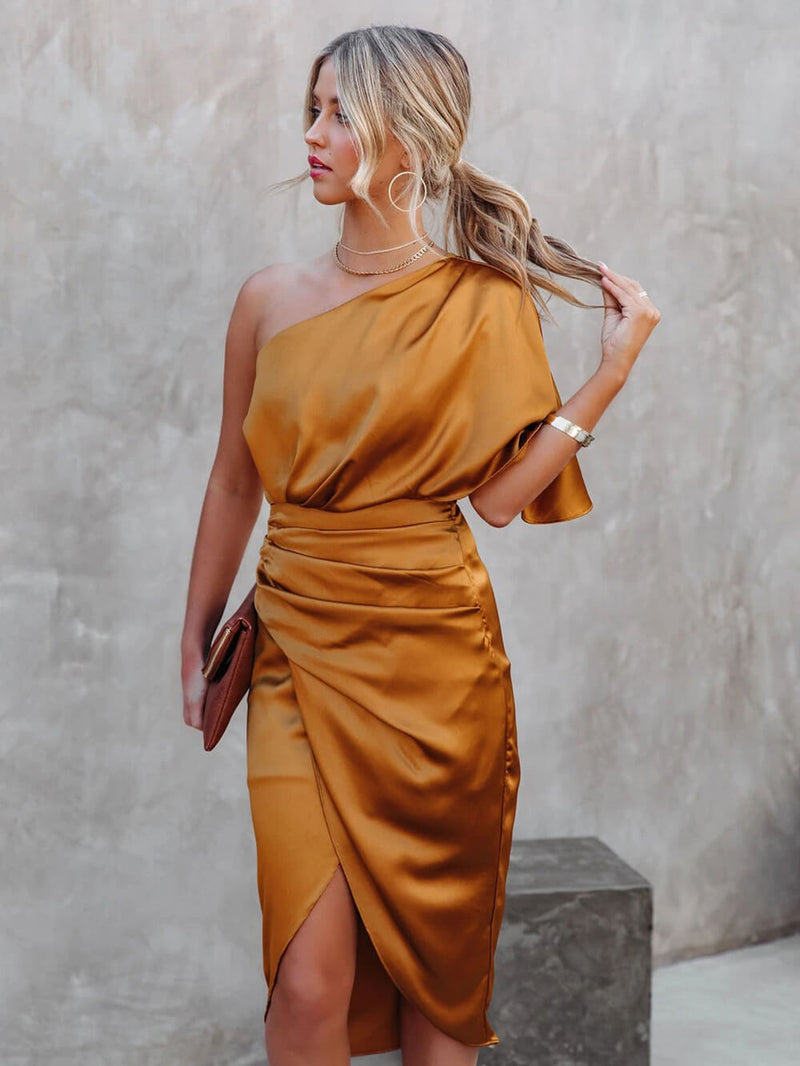 One Shoulder Midi Dress: Drape Asymmetric