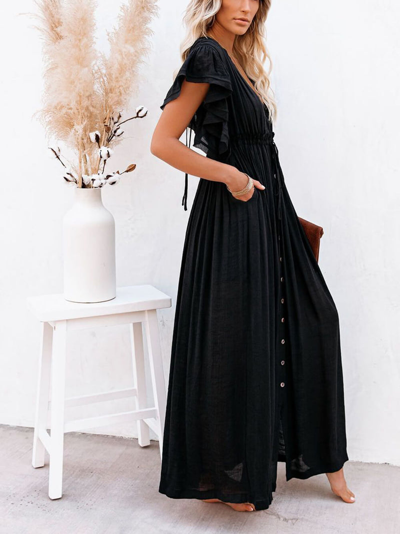 Button Cotton Linen Perfect Beach Boho Maxi Dress