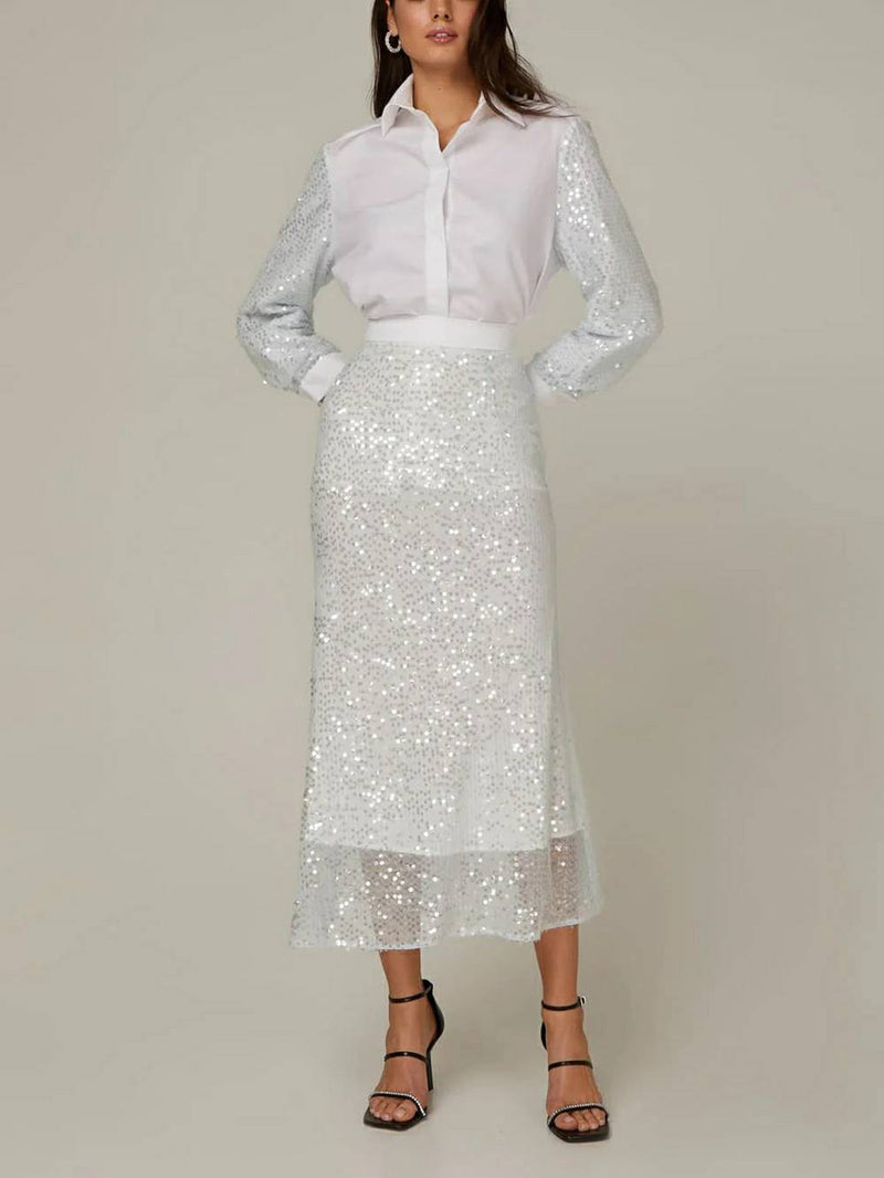 Sequin Sleeve Cotton Shirt & Skirt