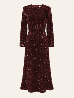 Sequin Decorated Velvet Midi Dress In Red