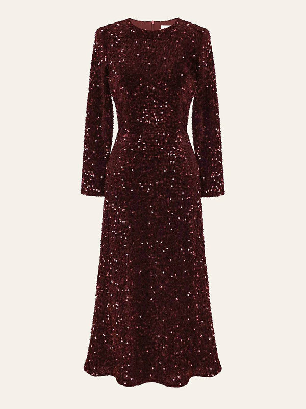 Sequin Decorated Velvet Midi Dress In Red