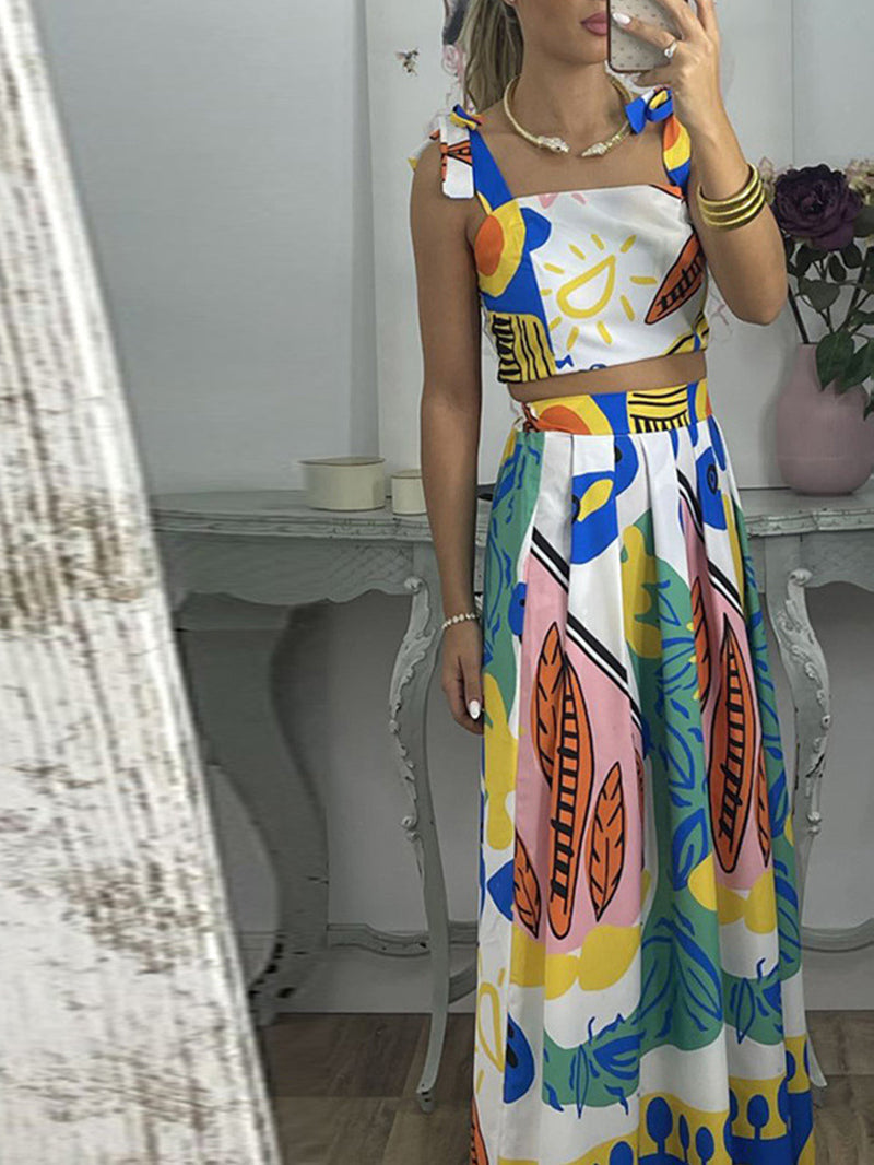 Graffiti Printed Tie Shoulder Top & Pleated Skirt Set