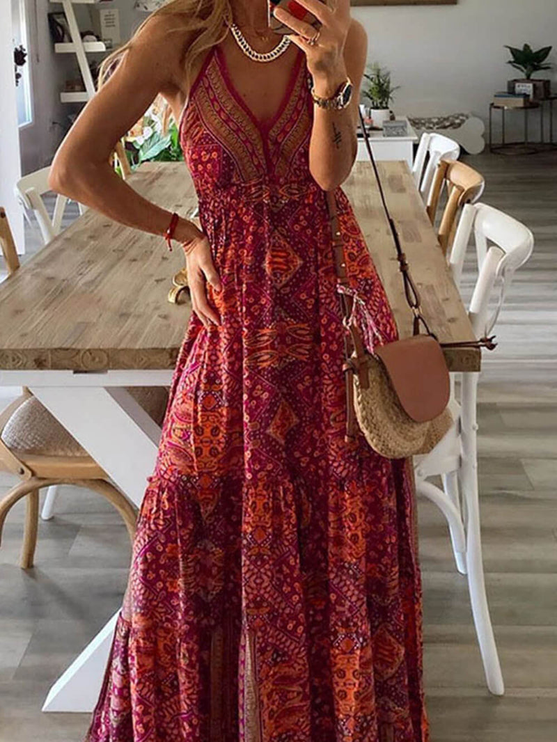 High Waist V-Neck Vintage Print Maxi Dress