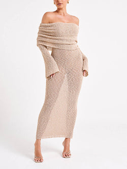 Off Shoulder Boucle Maxi Dress