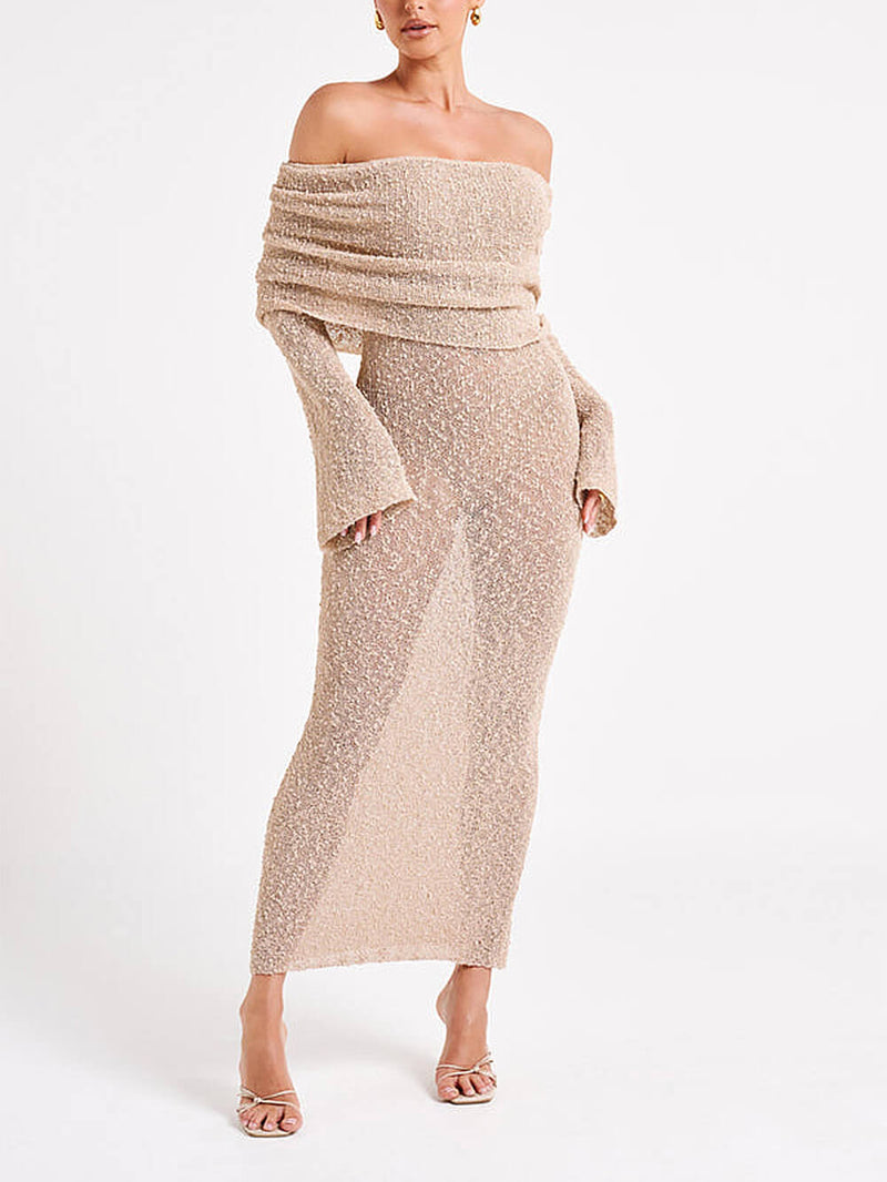 Off Shoulder Boucle Maxi Dress