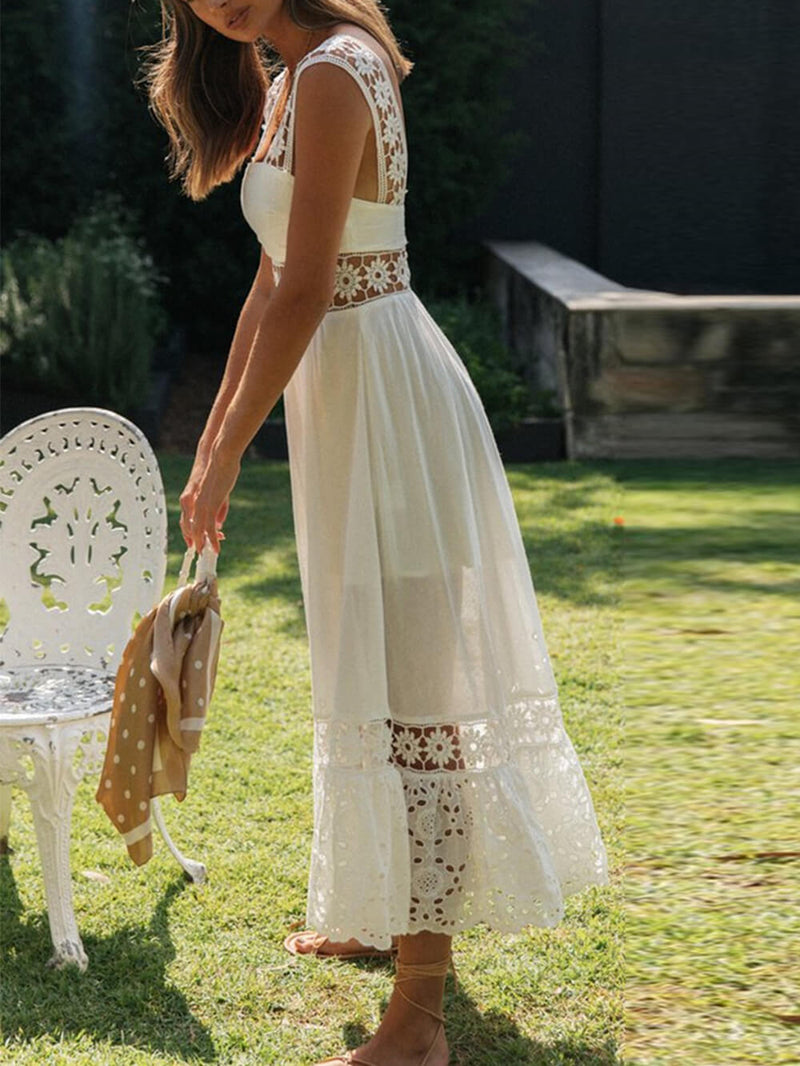 Long Lace Paneled Midi Dress With Full Hem