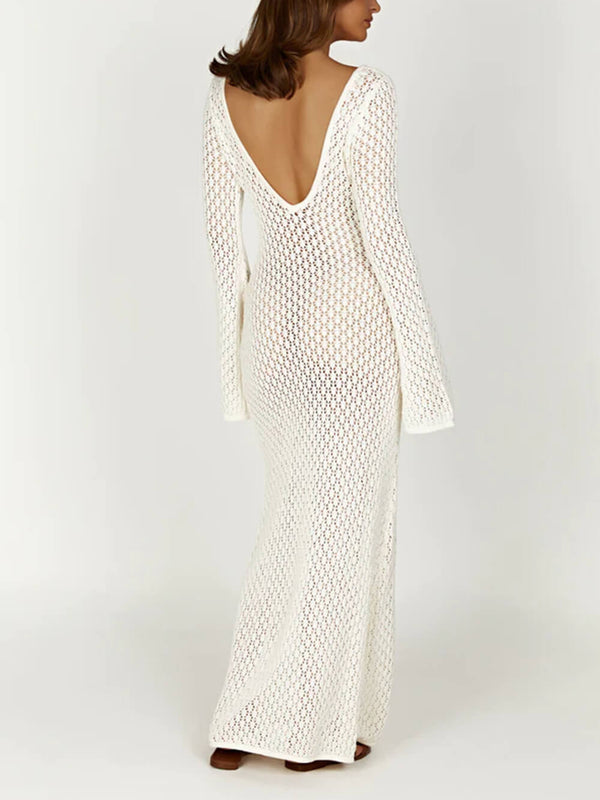 Crochet Fishtail Flare Sleeve Maxi Dress