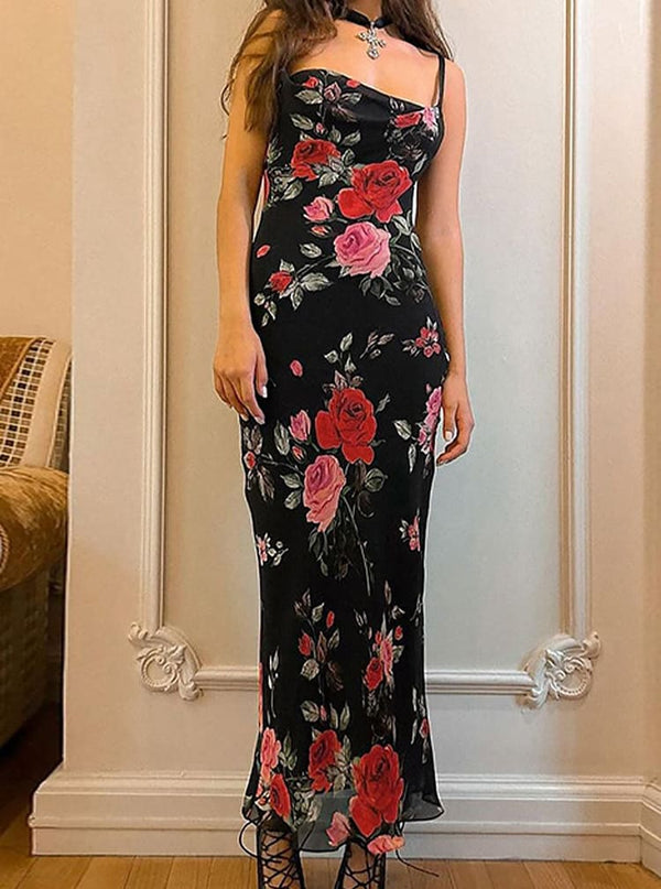 Floral Print Mesh Spaghetti Strap Maxi Dress