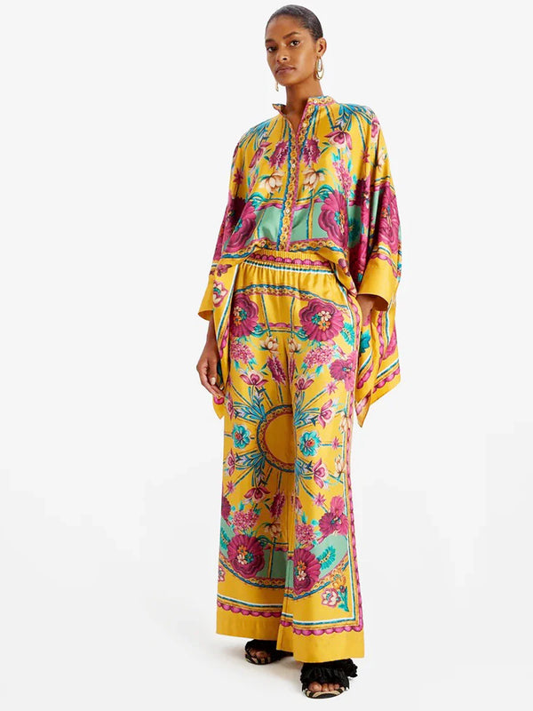 Fine Satin Floral Print Batwing Sleeve Pants Set - Ginger yellow