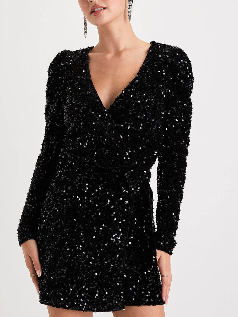 Black Sequin Velvet Long Sleeve Wrap Mini Dress