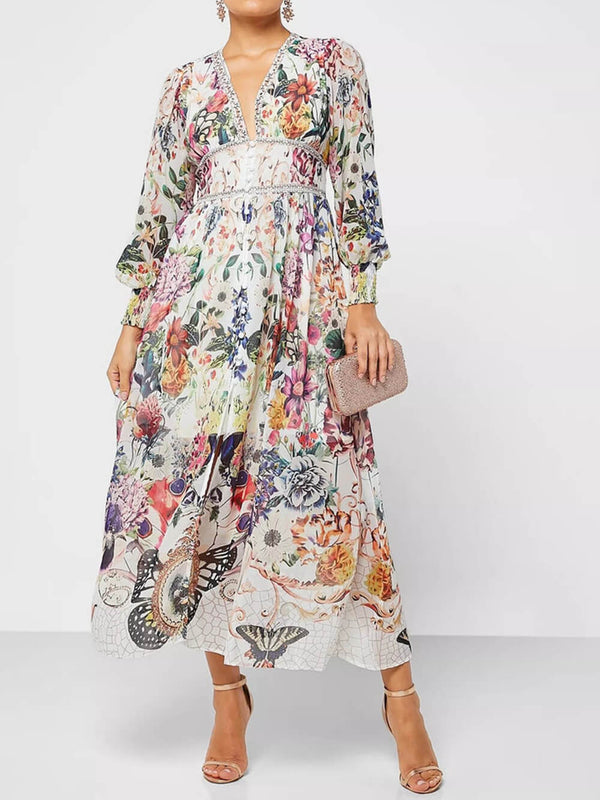 Botonical Floral Printed V-Neck Chiffon Maxi Dress