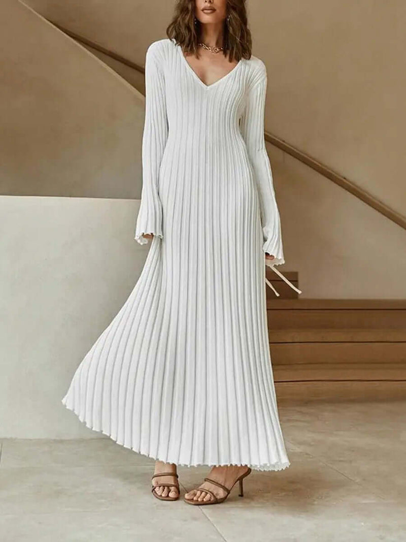 V Neck Flounce Sleeve Pit Strip Knitting Maxi Dress