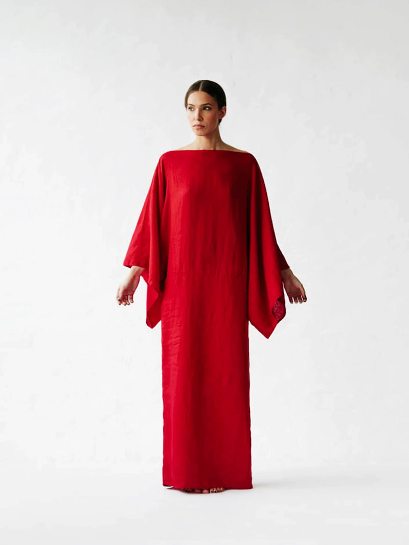 Crimson Linen Breeze Kimono Dress