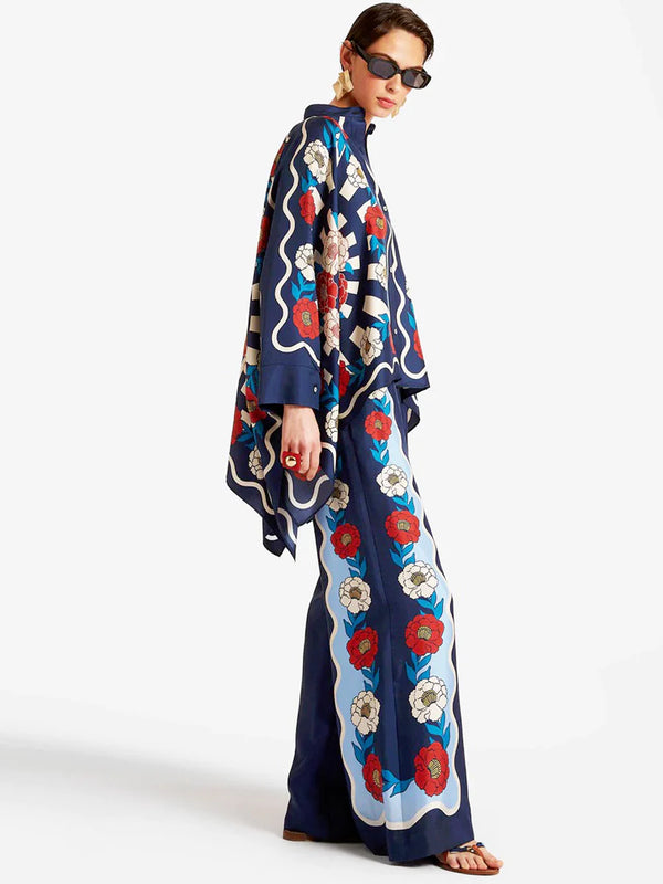 Fine Satin Floral Print Batwing Sleeve Pants Set - Blue