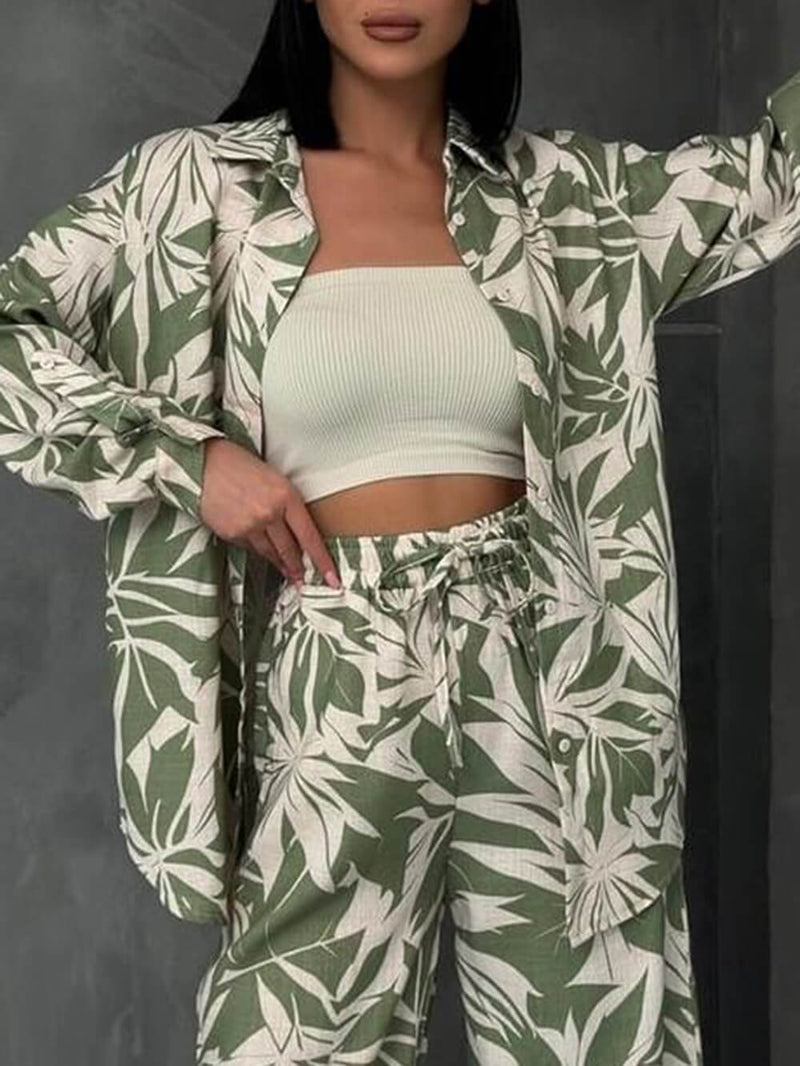 Palm Leaf Printed Elastic Waist Wide Leg Pant Set