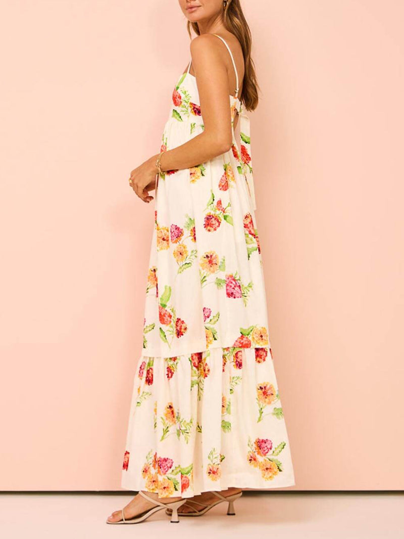 Unique Floral Print Halter Backless Extra Maxi Dress