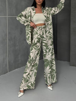 Palm Leaf Printed Elastic Waist Wide Leg Pant Set