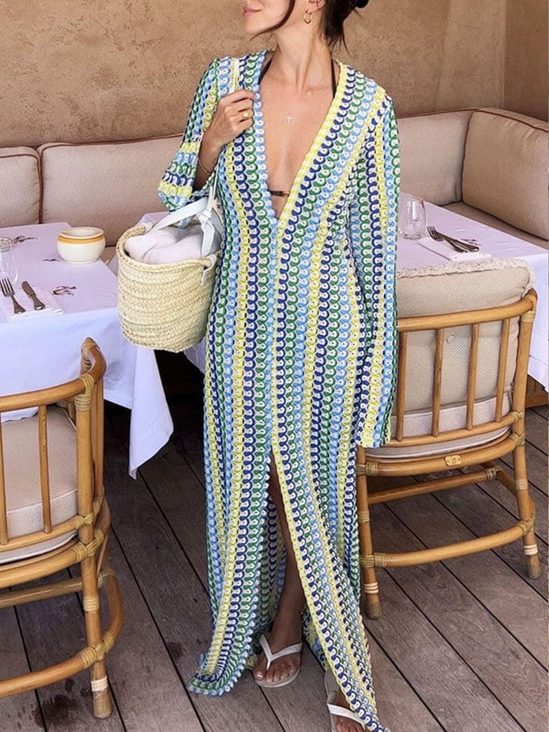 Boho V Neck Bell Sleeve Wavy Striped Crochet Beach Vacation Maxi Dress - Yellow