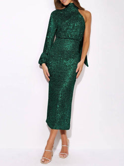 Sequins Halterneck Asymmetry Midi Dress