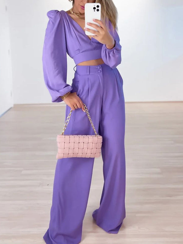 Plunge Neck Top Lavender Pants Set