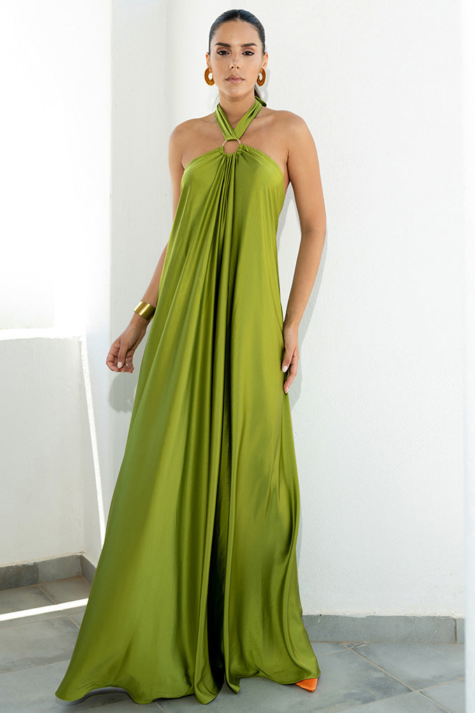 Satin  Elegant Maxi long Dress: Backless Halter Neck