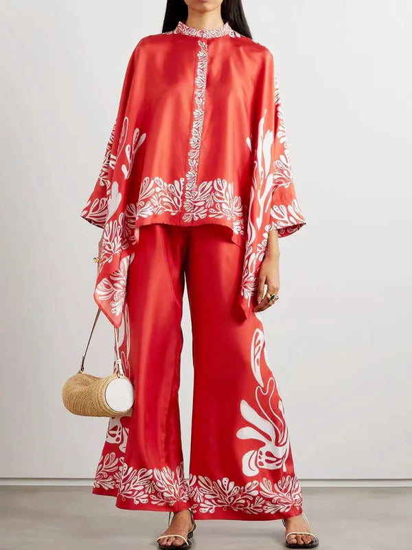 Fine Satin Floral Print Batwing Sleeve Pants Set - Red