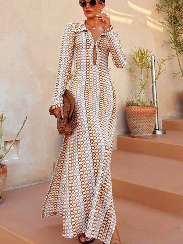 Boho Collared V Neck Split Wavy Striped Crochet Beach Vacation Maxi Dress - Brown