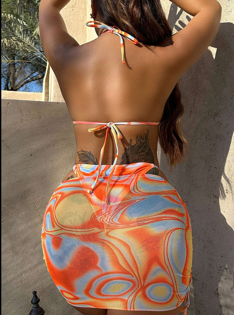 Abstract Print Halter Bikini 3-Piece Sets