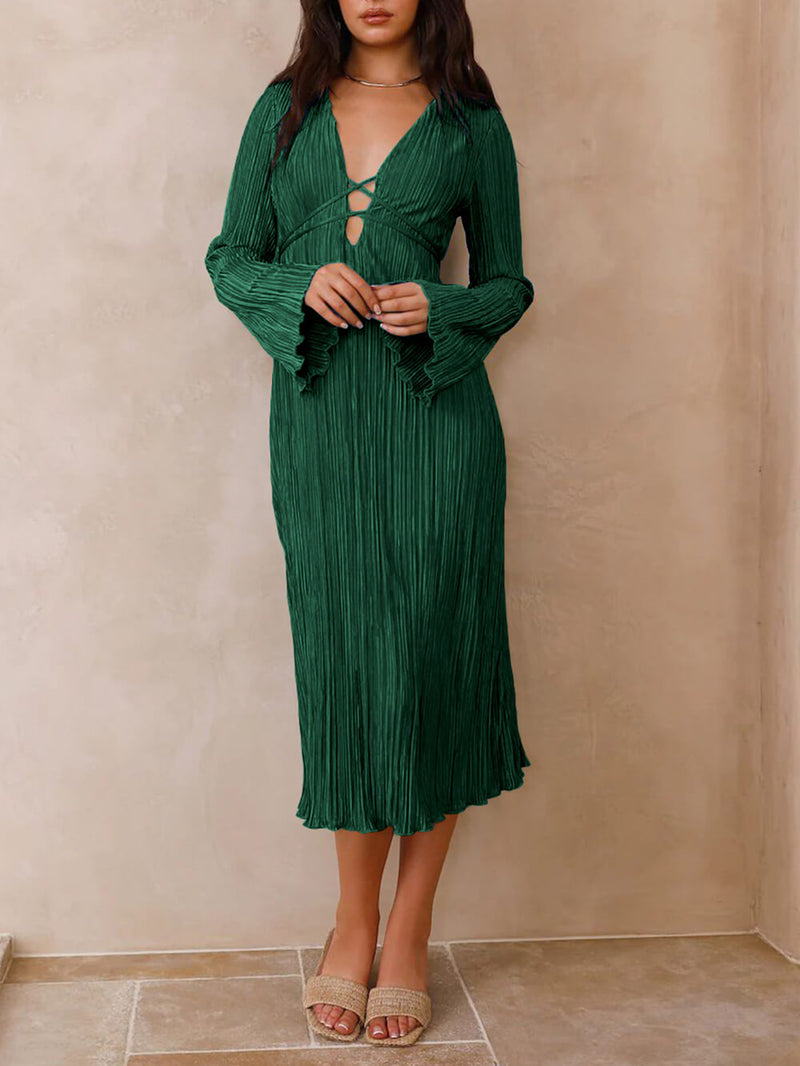 Mountain Vistas Draped Pleated Bell-Sleeve Midi Dress