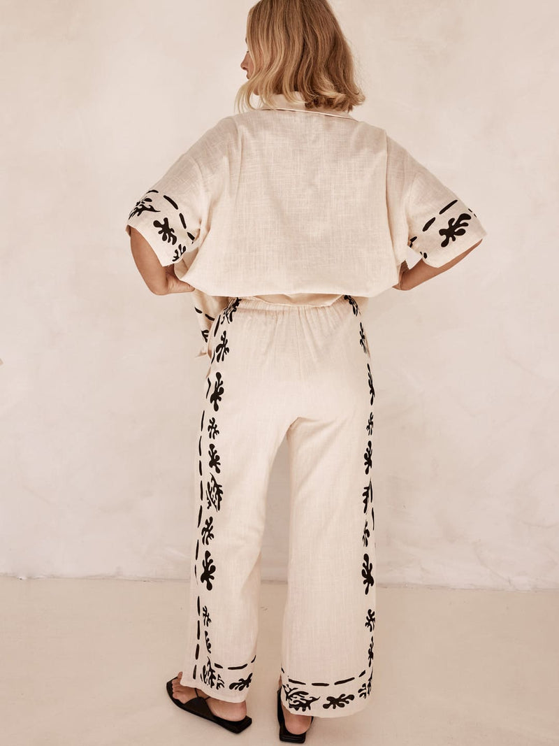 Black Printed Cream Wide Leg Pants-Set