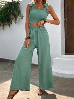 Tie Shoulder Smocked Crop Top and Wide Leg Pants Set