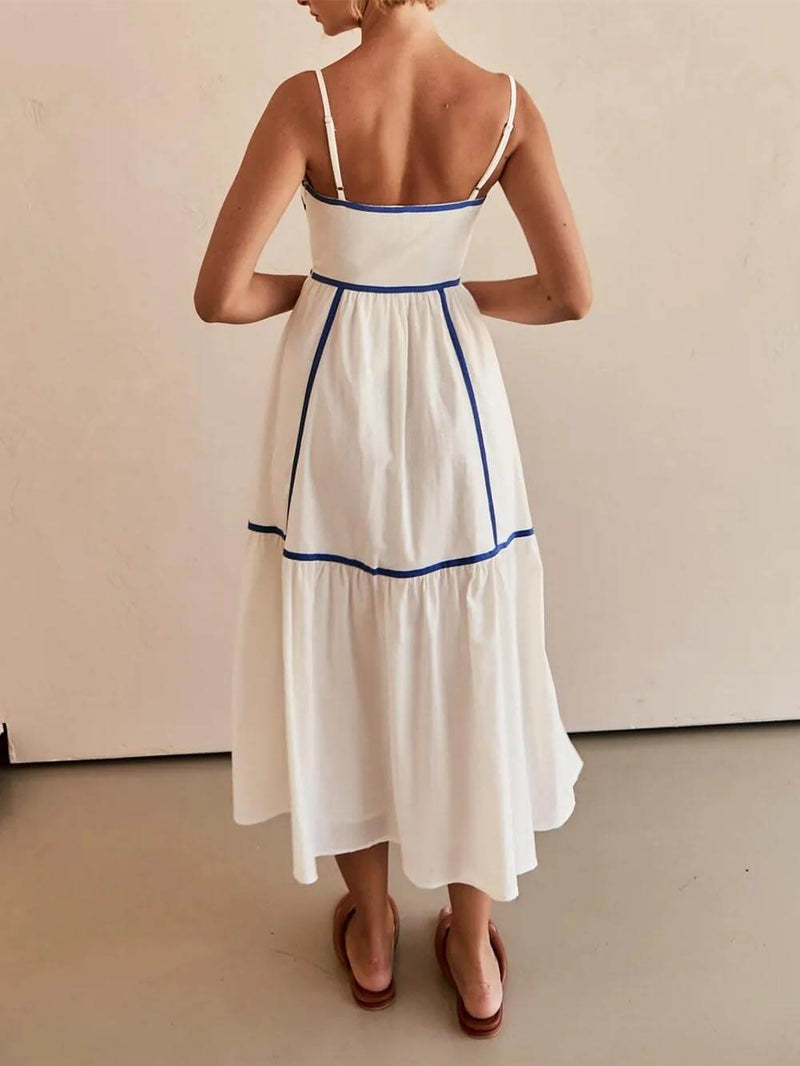 Contrast Color Trim Adjustable Straps Midi Dress