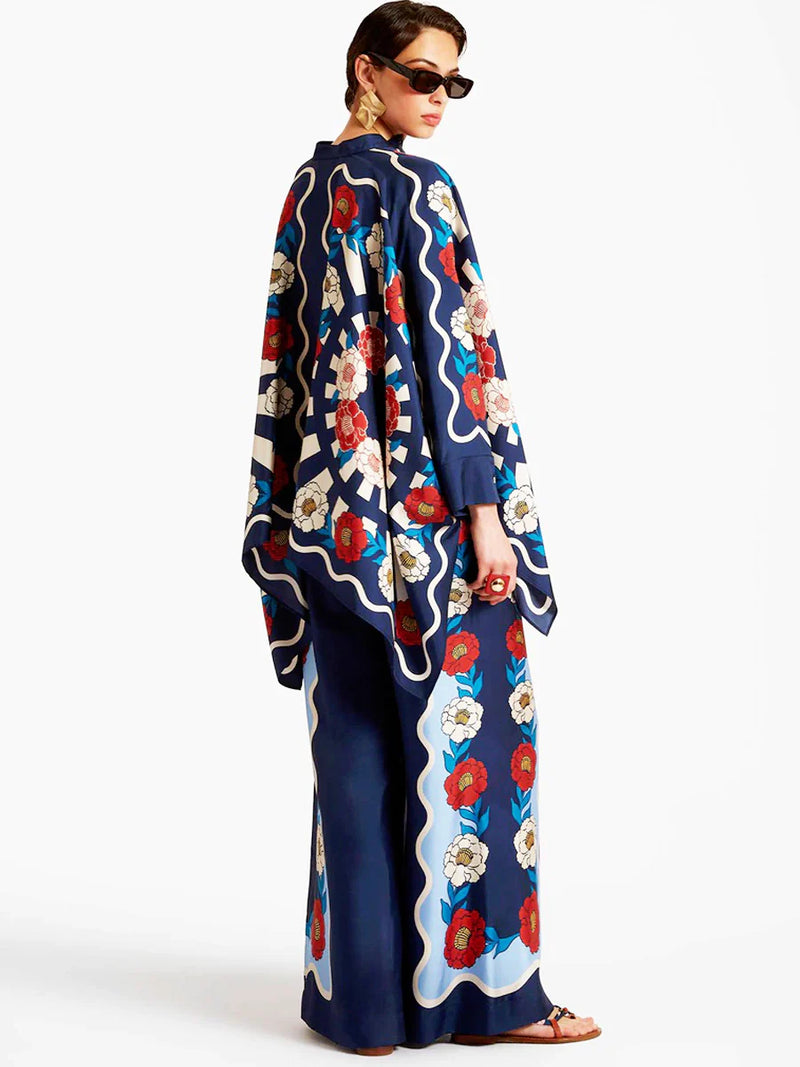 Fine Satin Floral Print Batwing Sleeve Pants Set - Blue