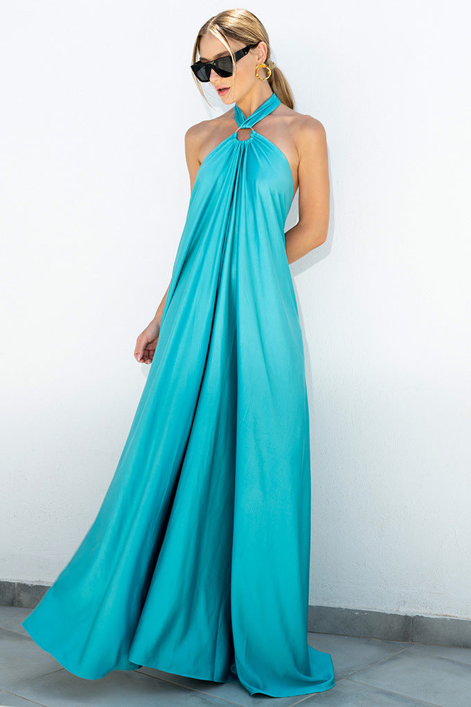 Satin  Elegant Maxi long Dress: Backless Halter Neck