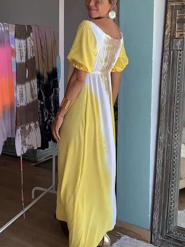 Yellow Tie Dye V-Neck Drawstring Maxi Dress